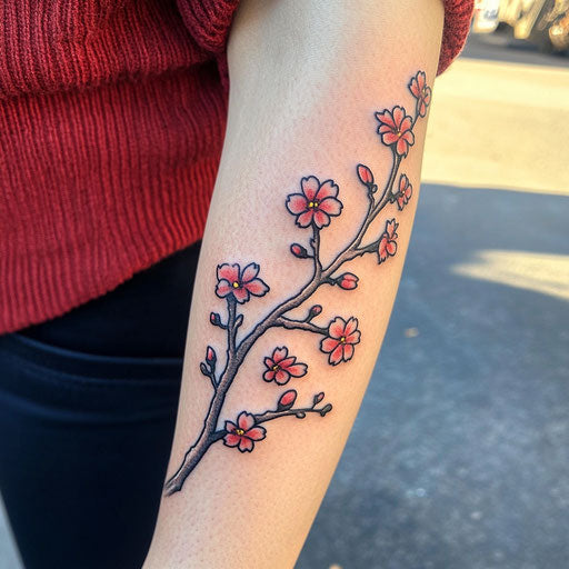 Japanese cherry blossom tattoo on forearm with a comic twist