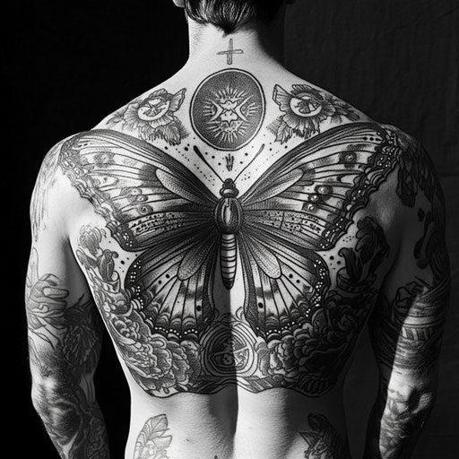 Butterfly tattoo on men's back with celestial elements