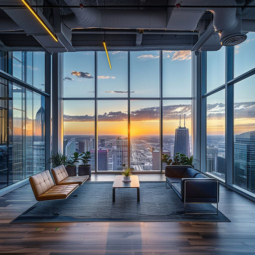 Panoramic views of a modern office space with city views