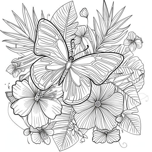 Butterfly among tropical flowers, coloring page