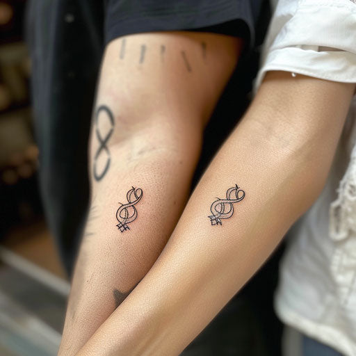 Friendship tattoos in the style of Ami James featuring minimalist infinity symbols