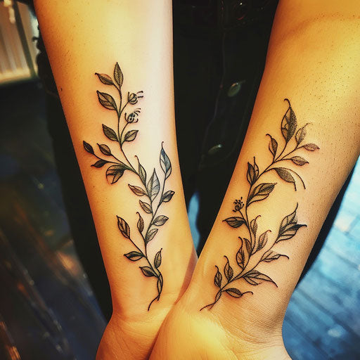 Matching sister tattoos of intertwined vines on the wrist