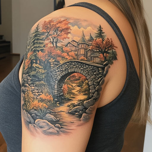 Shoulder tattoos for females with a fantasy landscape