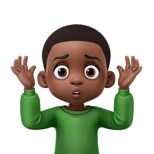 Confused black boy in green shirt shrugging hands