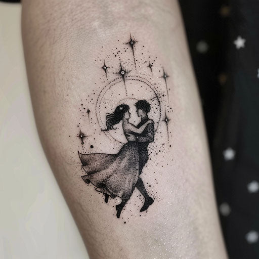 Dynamic flat tattoo sketch of a couple dancing under the stars
