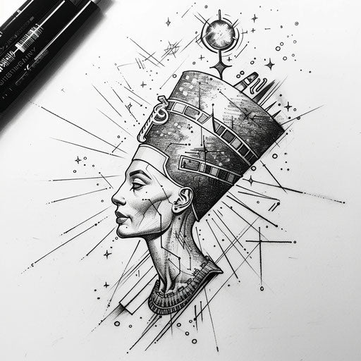 Flat tattoo sketch of Nefertiti with a mystical aura and celestial bodies