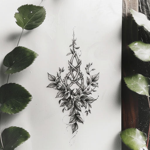 Celtic knot tattoo blending with natural elements on white background