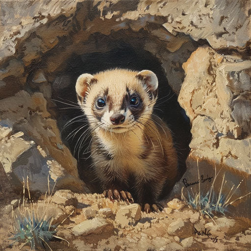 Young black-footed ferret exploring outside the burrow