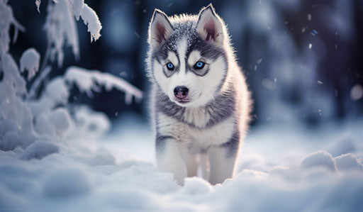 Siberian husky puppy walking in the snow
