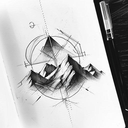 Geometric landscape with mountains and shapes on white sketchbook