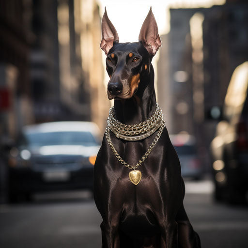 White doberman with choke collar, luxurious opulence style