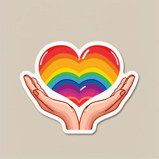 Rainbow heart held by two hands on top sticker