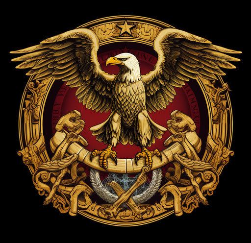 US Marine Corps emblem engraved with anchor, eagle and anchor in golden frame isolated illustration