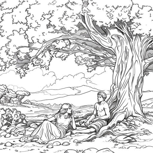 Adam and Eve resting under a large tree