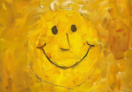 Smiling yellow face on childlike animated background
