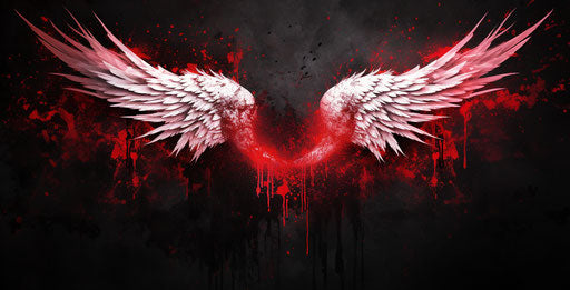 Red sparks heart on wings, bold stencil style