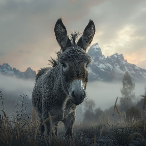 Donkey with misty mountain backdrop at dawn