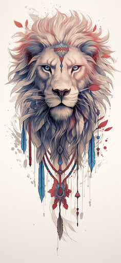 An Indian lion with feathers, red and blue style, naturecore, ps1 graphics, realistic light and color