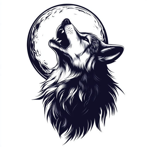 Flat tattoo sketch of a wolf howling at the moon