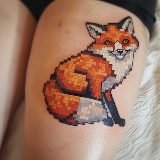 Fox in pixel art tattoo, vibrant 8-bit colors on white