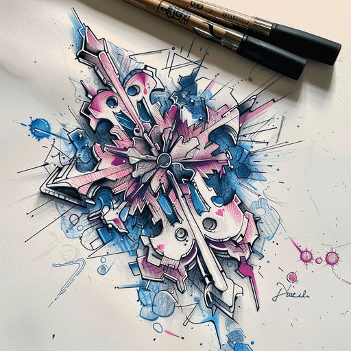 Surreal sketch of a fragmented snowflake tattoo