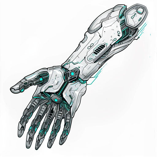Cybernetic arm with circuit patterns and electric blue highlights