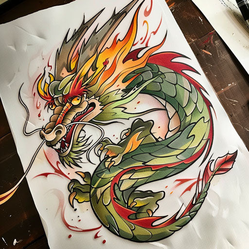 Dragon breathing fire, neo-traditional tattoo design