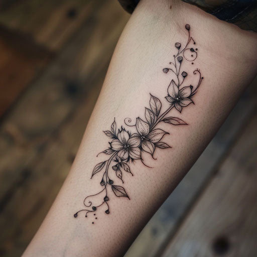 Elaborate flat tattoo sketch with jagua berries intertwined with delicate flowers