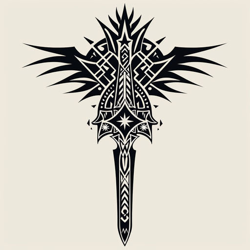 Stylized cross with bold tribal patterns and sharp angles