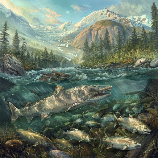 White sturgeon and school of salmon swimming in river during salmon run, with forested mountain in background.