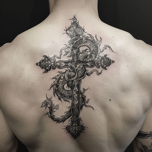 Fantasy cross tattoo with medieval elements for men