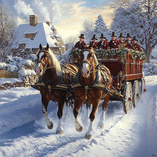 Draft horses pulling an old beer wagon through a snowy village