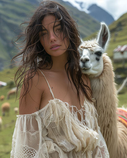 A beautiful llama and a gorgeous hair model posing close to the camera in the Andes mountains