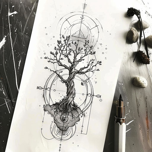 Geometric tree of life design with circular patterns on paper