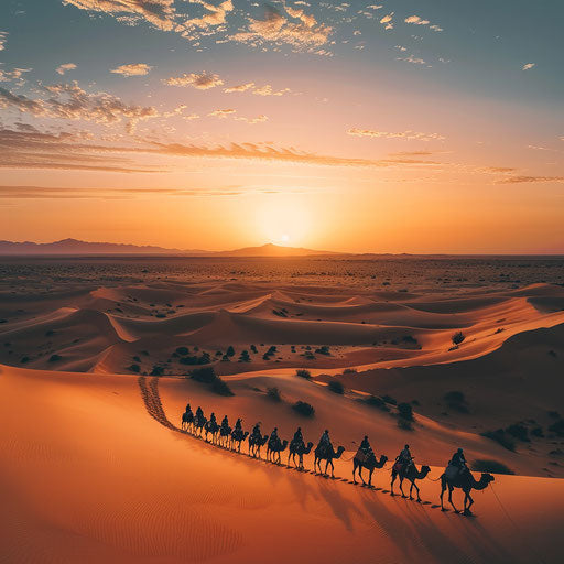 Camel caravan crossing the Sahara at sunrise