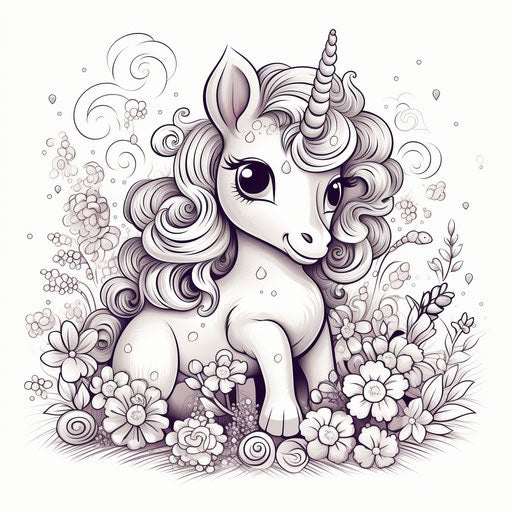 Unicorn with flowers coloring page, kaja foglio kawaii style