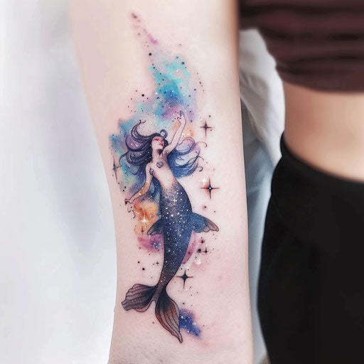 Galactic mermaid tattoo, blending space elements with a mermaid on white
