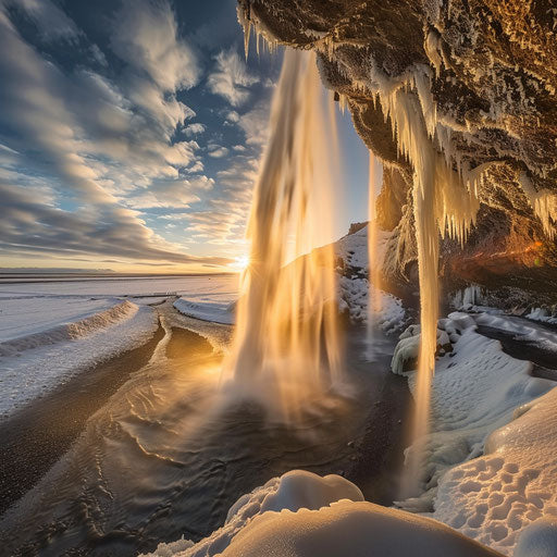 Frozen waterfall in Iceland during winter