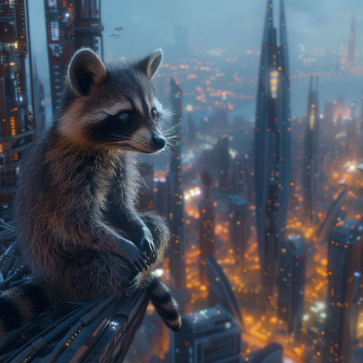 A raccoon architect designing futuristic cities
