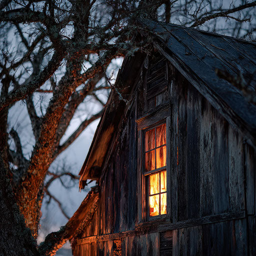 Eerie Illuminated Cabin Amidst Dark Branches