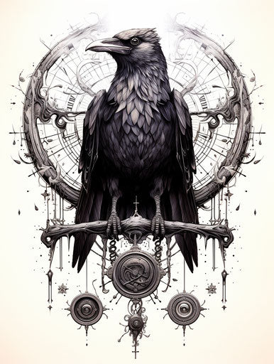 Raven with pendant and crescent moon tattoo