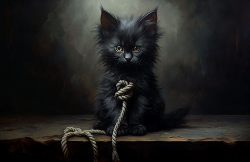Black kitten sitting on a rope on a table, tesseract style