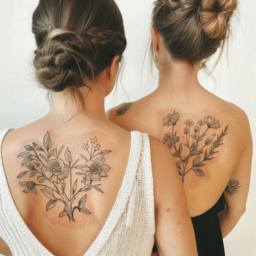 Mother-daughter botanical tattoos, Merian style, back