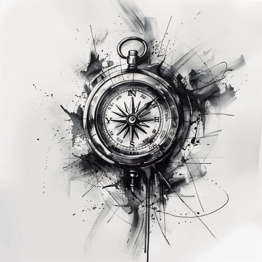 Travel and time symbols in black and white tattoo design