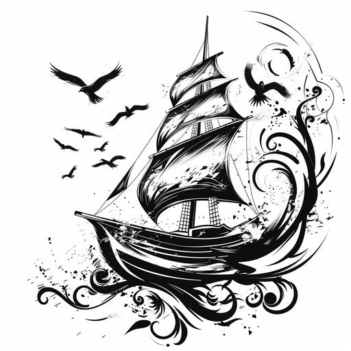 Stylized flat tattoo sketch of a boat with swirling winds and flying birds