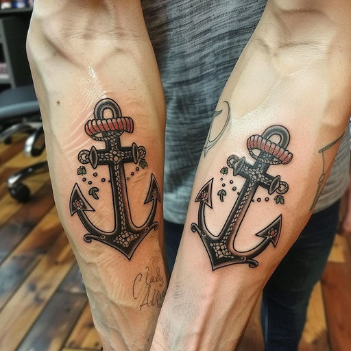 Matching friend tattoos in the style of Sailor Jerry featuring matching anchors
