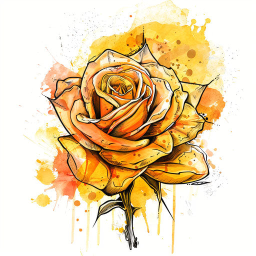 Vivid tattoo sketch with an amber rose and watercolor splashes