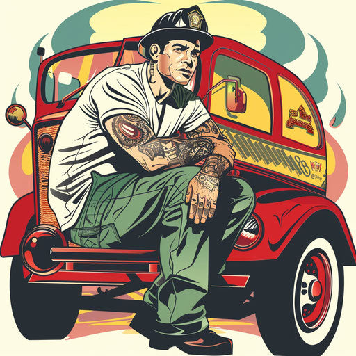 Retro flat clipart style of firefighter and fire engine