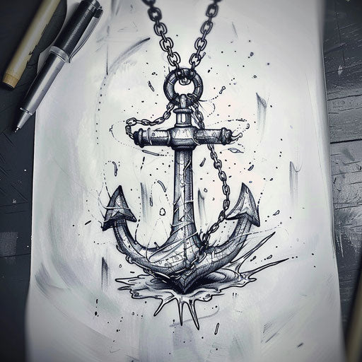 Nautical flat tattoo sketch of an anchor with a broken chain, representing freedom on the sea