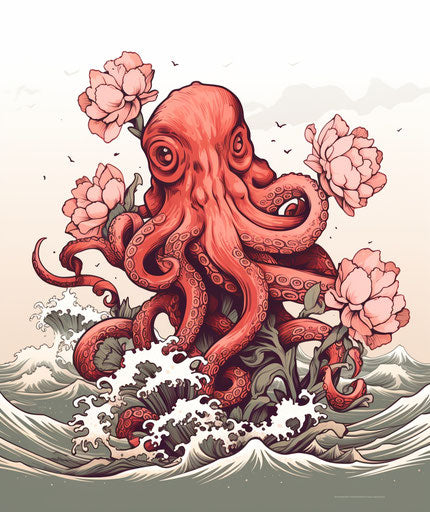 Octopus with a rose, Japanese simplicity, realistic seascapes